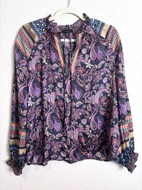Current Air Rachel Purple Paisley Print Tie-Neck Long Sleeve Blouse Women’s XS